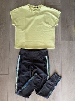 Athleta and Danskin Athletic Outfit - Grey Leggings w Multicolor Side Stripe & Lime Green Shirt (Small/Medium)