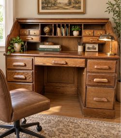 Oak Roll Top Desk with Hutch and Drawers