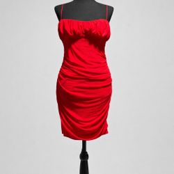 Red Ruched Bodycon Dress Women’s Large Spaghetti Strap Stretch Midi
