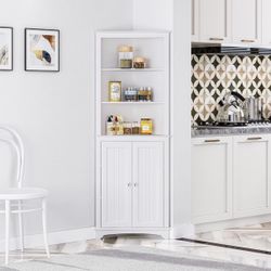Spirich Tall Corner Cabinet with Doors and Shelves, Freestanding Corner Storage Cabinet for Bathroom, Kitchen, Living Room, White