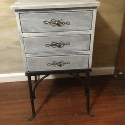 Antique White Washed 3 Drawer Wood W/wrought Iron Legs
