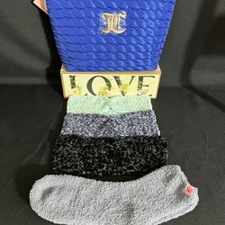 Juicy Couture Blue Makeup Bag+3 Crochet Twisted Knot Headbands+Juicy Fuzzy Matching Socks