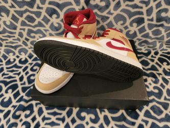 Jordan 1 Mid Light Curry Cardinal