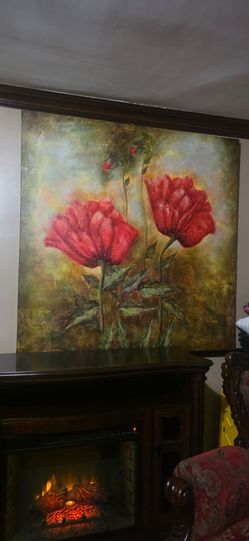 Large Red Floral Oil Painting on Canvas