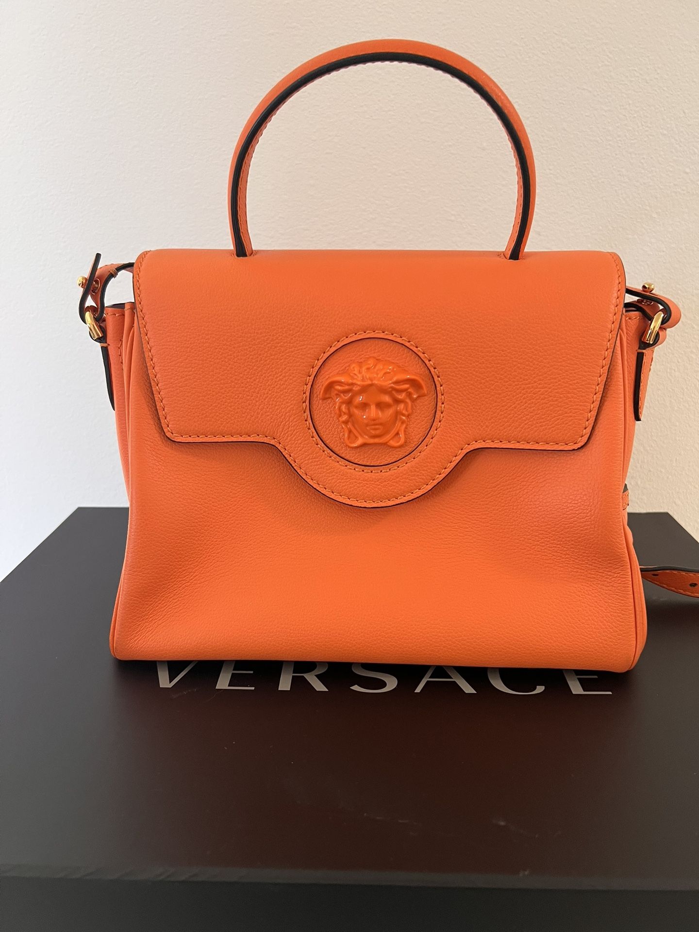 Versace La Medusa Grained Calfskin Crossbody Bag Orange