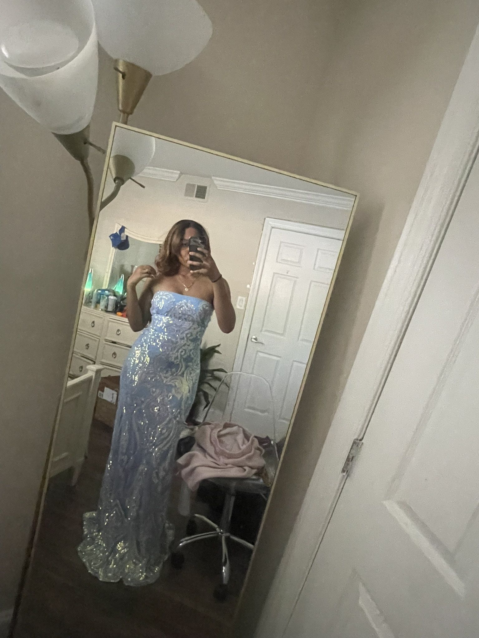 Blue Sequin Mermaid Backless Dress Prom