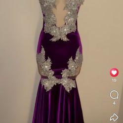 Dark Purple Velvet Prom Dress With Silver Accents 