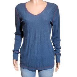 Long sleeve v-neck printed textured blue pullover top  L