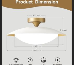 Dimmable Mid Century LED Ceiling Light, White & Gold 15.75" – New (Open Box)