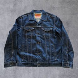 Levi's 72334 Men's Large Blue Denim Trucker Jacket Dark Wash Jean Coat Pockets 