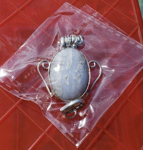 Blue Lace Agate Oval Silver Plated Pendant w Silver Elephan Accent