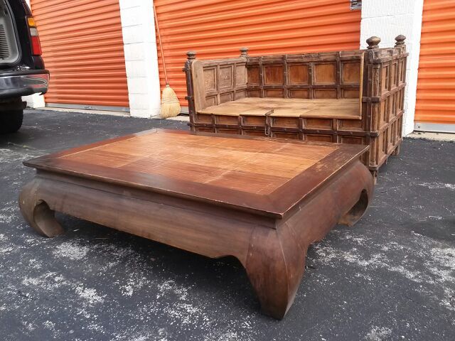 Antique Indian Teak wood chair with storage and Indian teak wood and bamboo table