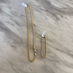 24’ Gold Rope Chain And Bracelet 