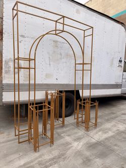 Heavy Duty Gold Metal 3D Rectangular Wedding Arch, Floral Balloon Frame Backdrop Stand - 8ft