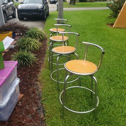 4 Antique Stainless Steel & Solid Wood Stools