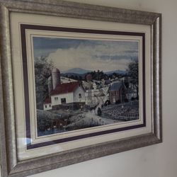 Framed Rustic Farm Village Landscape Print – Red Barn, Silos, Windmill & Horse Wagon Country Wall Art -Medium Size