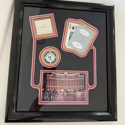 Vintage Bellagio Hotel & Casino Framed Photo of Hotel, Matchbook &1 Poker Chip