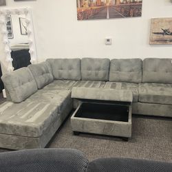 Gray Sofa Sectional Set W/ Storage Ottoman- EZ $10 Down Payment Options Available 