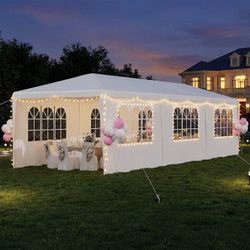 Erommy 10x30 ft Party Tent, Waterproof Outdoor Canopy with 6 Sidewalls & 2 Zippered Doors，White