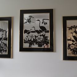 Trio Of Mirror Wall Hangings With Heron Theme