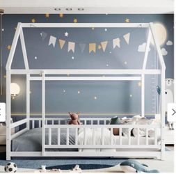 🔥Full Size Floor Wooden Bed for toddlers with House Roof Frame, Fence Guardrails P-7