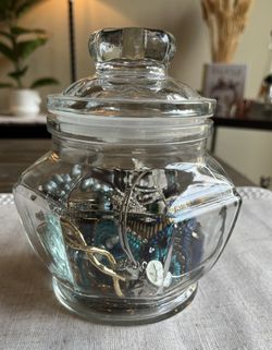 Vintage Glass Jar With Jewelry Lot! Necklace Earrings And Bracelets