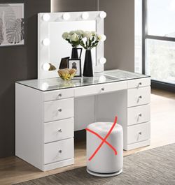 White Hollywood style vanity clear glass table top Stool not included crystal knobs brand new in box firm price $590