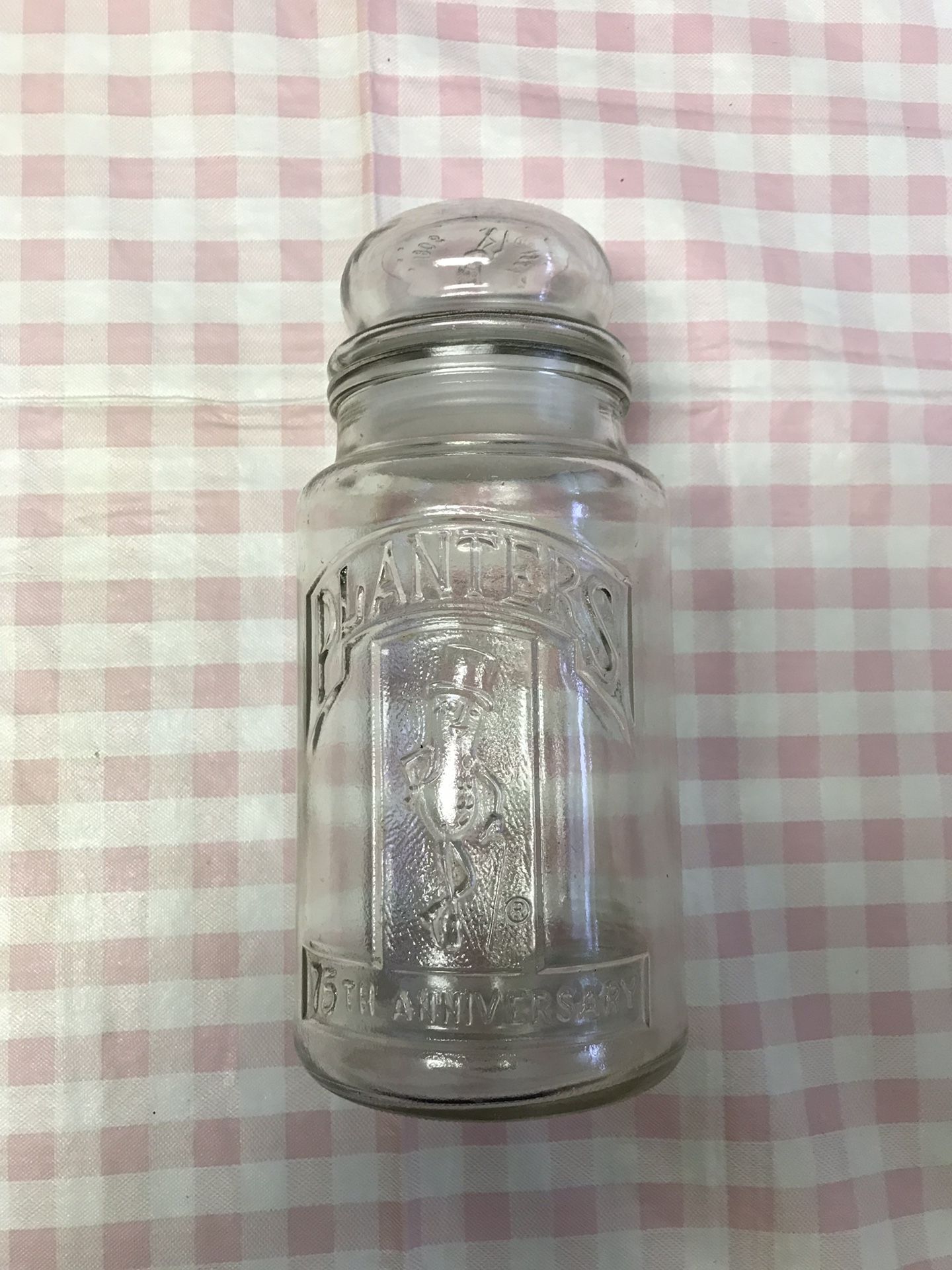 Vintage 1981 Planters Mr Peanuts 75th Anniversary Embossed Glass Jar Canister