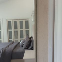 Queen size bed set with storage, 2 nightstands, Side chair, mirror, used for one year color, beige