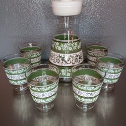 1960s Libbey Green And White Floral Carafe With Lid And 6 Juice Glasses.
