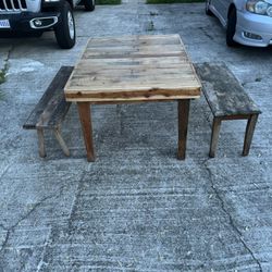 Indoor/Outdoor Hand Crafted Wooden Table With Two Benches 