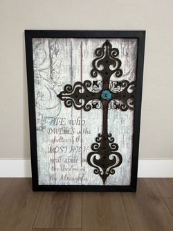 38x26 Heavy Metal Framed PSALM 91:1 Scripture Verse w/ Ornate Metal Cross