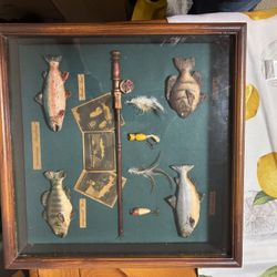 Vintage 15”X15”X3.5” Inches Wooden Glass Fish Hanging display 