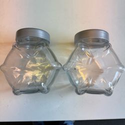 Pair of VINTAGE 1990s IKEA FÖRVAR CLEAR GLASS STORAGE JAR SILVER GREY PLASTIC LID