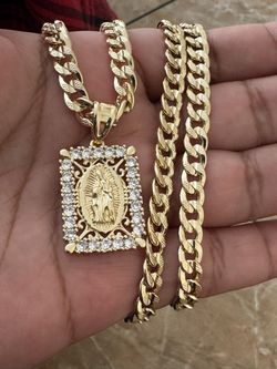 Virgin Mary Square Pendant With Stones 24 Inch Gold Plated 24 Inch Cuban Necklace