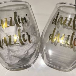 Stemless Wine Glass, Dazzlin Dazzler, 15 Oz Wine Glass with Gold Words (Set of 2)