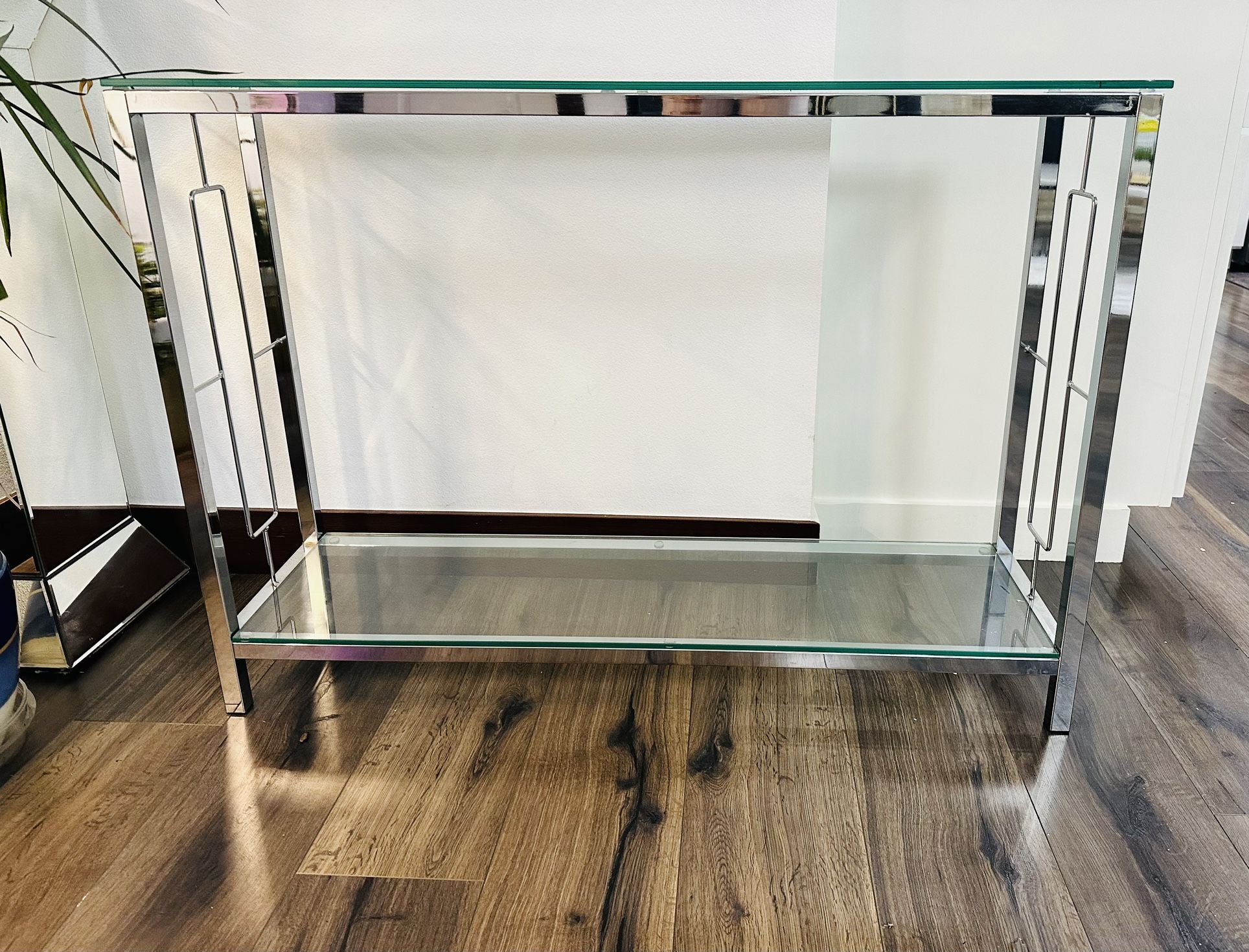 Glass Console Table, 2-Layer Modern Glass Sofa Table Storage Shelve Table Glass Narrow Entryway Table Glass Hallway Table Long Side Table Display Tabl