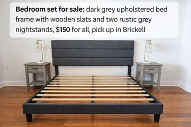 Selling a modern queen bed frame with upholstered headboard and two matching nightstands for $150