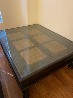 Antique Inlaid Coffee Table With Glass Heavy Wood 
