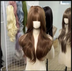24 inch honey brown wavy wig with bang