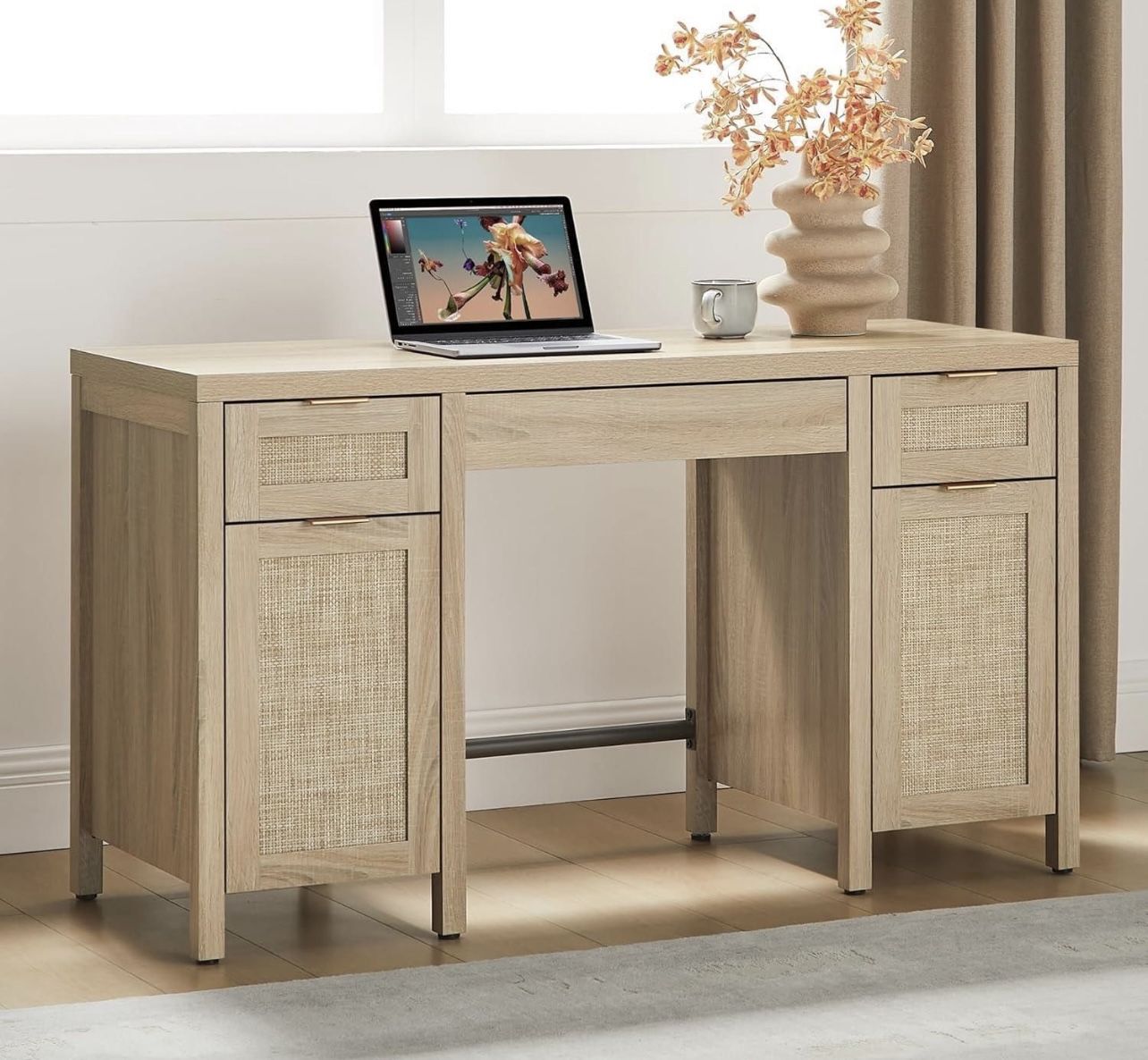 52" Home Office Desk with Storage - Rattan Executive Desk with 3 Drawers and 2 Cabinets, Farmhouse Boho Larger Computer Writing Table for Study, Offic