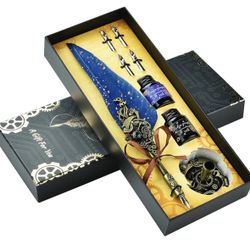 Hethrone Quill Pen and Ink Set Calligraphy Pens for Beginners Feather Pens Fountain Dip Pen Set (Navy)