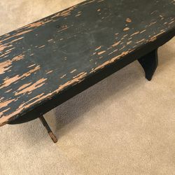 Antique Vintage Green Wood Farm Bench. Primitive style. 36 inches long by 15 inches wide by 18 inches tall.