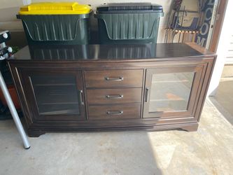 Dark Brown Wood TV Stand with Glass Doors