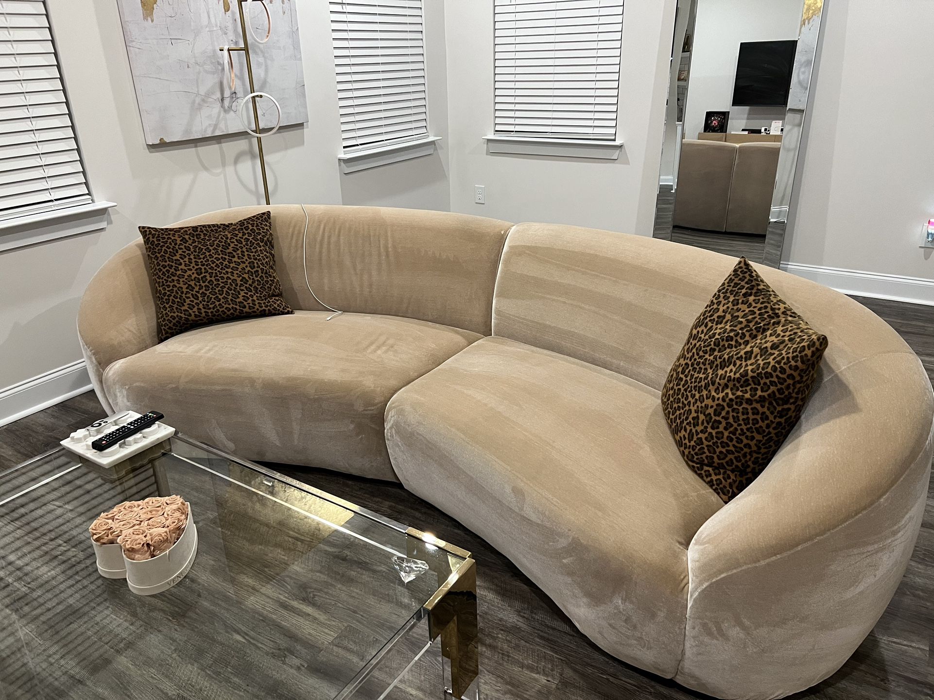 CB2 Roma 2pc Sectional Blush Faux Mohair