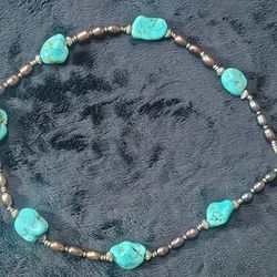 INVESTMENT 24 Natural A grade SEA of CORTEZ Pearls & Gem Grade Candelaria Turquoise Vintage Navajo Necklace 21" Collectors
