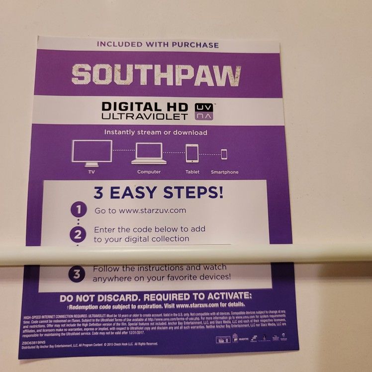 $4 DIGITAL HD MOVIE.  SOUTHPAW. $4 OR TRADE FOR A MOVIE TITLE I DO NOT ALREADY OWN.