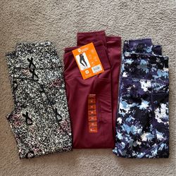 BRAND NEW BUNDLE of 3 Maroon, Blue Tye Dye Floral and Silver Workout Leggings