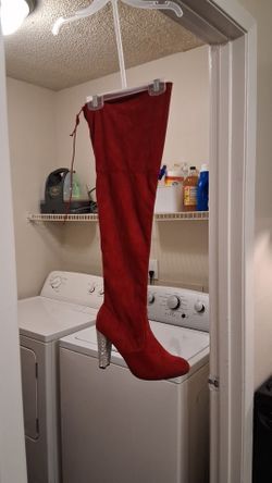 Red suede thigh high boots with rhinestone heels