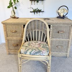 🌿 Coastal Rattan Desk & Chair Set – Like New